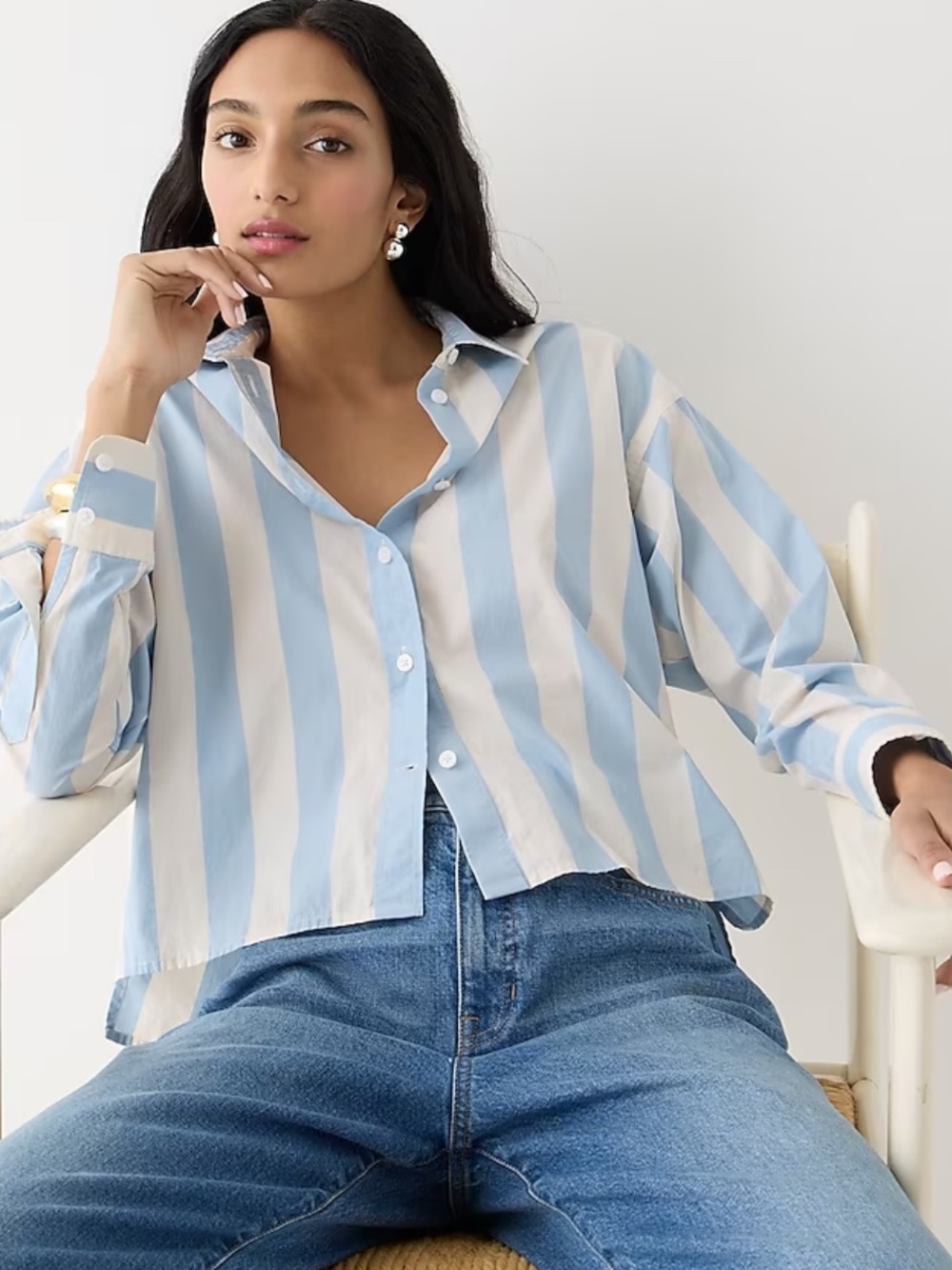 NWT J. Crew BARLOW Blue & White Vertical-Stripe Cropped Button Shirt